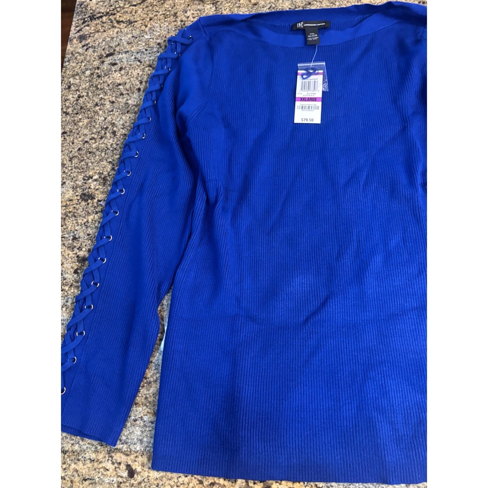 NWT INC International Concepts Blue Lace Up Sleeve Ribbed Knit Sweater Top XXL - Picture 2 of 9